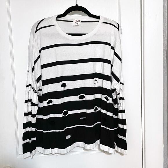 Planet by Lauren G white Black Stripe Cut Out Sweater Holes Art to Wear OSFA - Picture 1 of 8